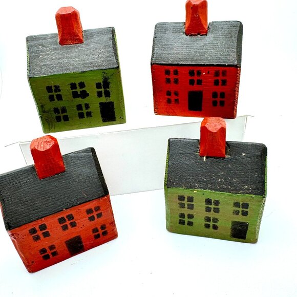 Primitive NOEL Wood House Blocks Holiday Decor Set Of 4 Vintage Red Green Gift - Picture 2 of 6